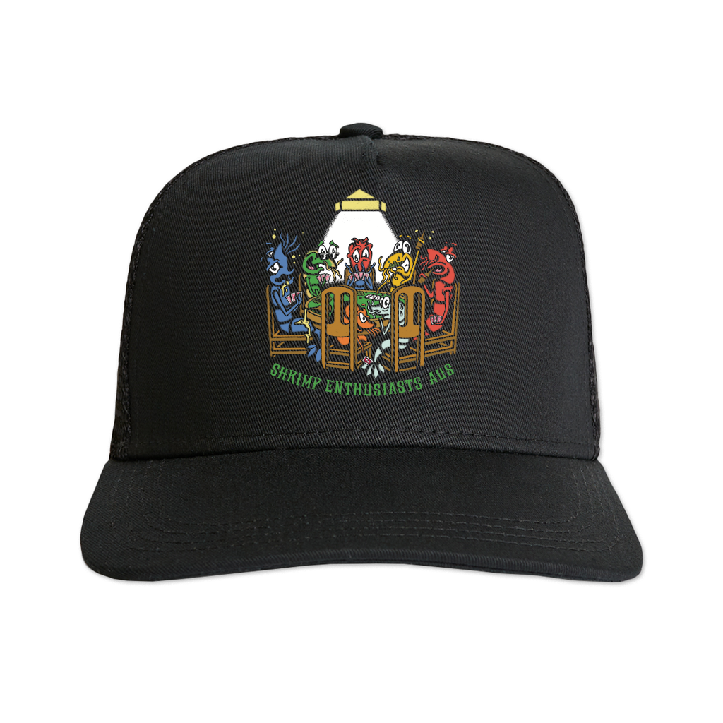 SHRIMP PLAYING POKER-ON BLACK. Trucker Cap